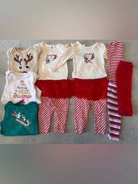 Holiday Baby Girl Outfit Bundle - Candy Cane & Reindeer Prints 3-6 months